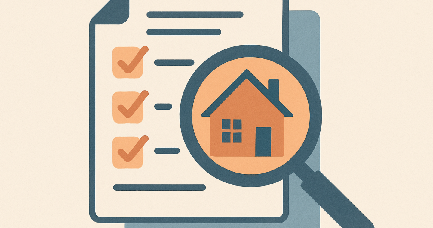 Ilustração de uma lupa sobre um documento de projeto imobiliário