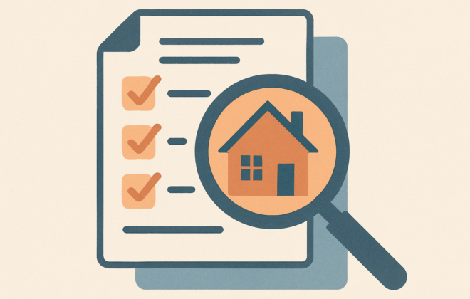 Ilustração de uma lupa sobre um documento de projeto imobiliário