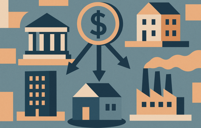 Ilustração de capital repartido por vários imóveis e plataformas