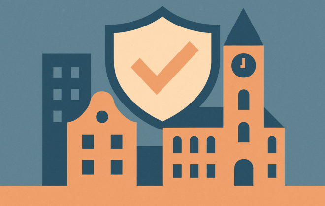 Ilustração de um escudo regulatório sobre edifícios europeus